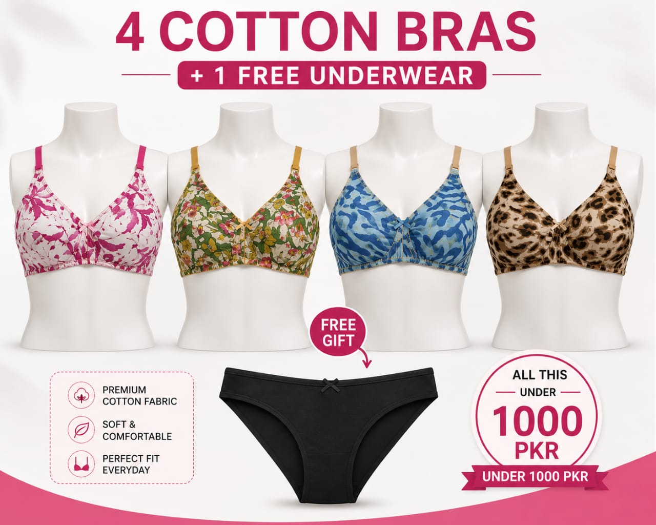 PACK OF 4 COTTON BRAS & 1 FREE GIFT UNDER WEAR